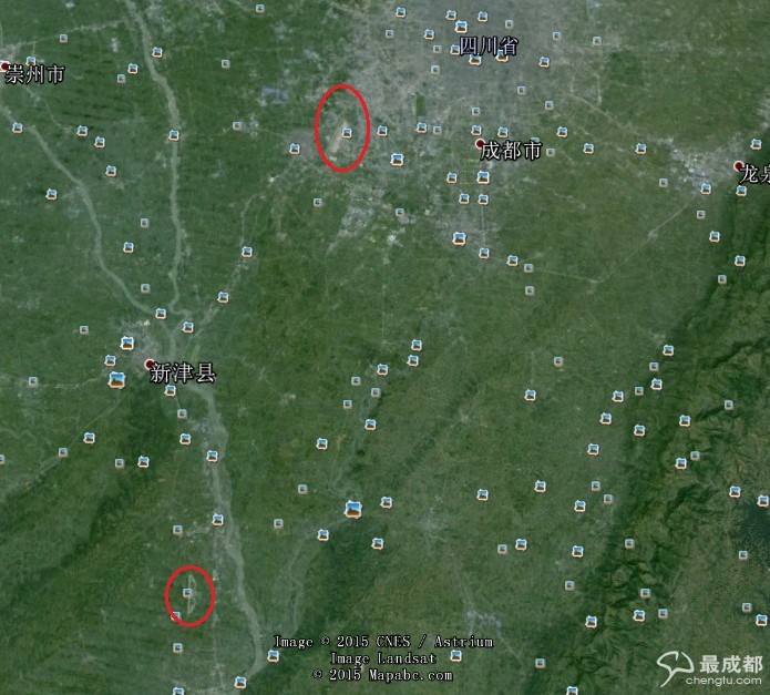 卫星地图上看彭山机场与双流机场的位置 - 成都交通最